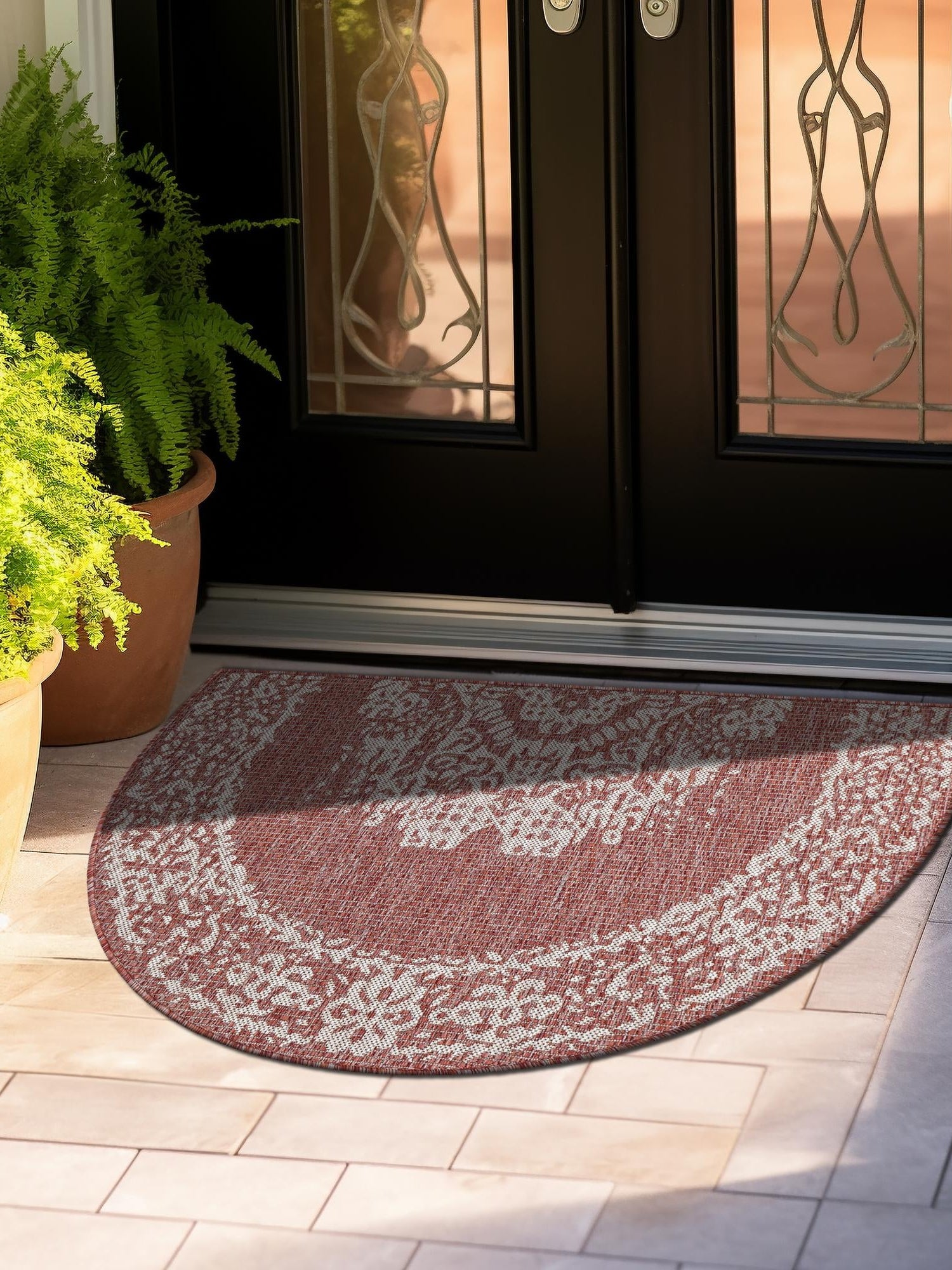 Rust Red 3' 1 x 6' 1 Outdoor Traditional Hearth Half-Round Semicircle Area Rug Weather Resistant for Patio, Deck, Terrace, Balcony, Porch Classical Design Outside Carpet for Sale at Rug Engine