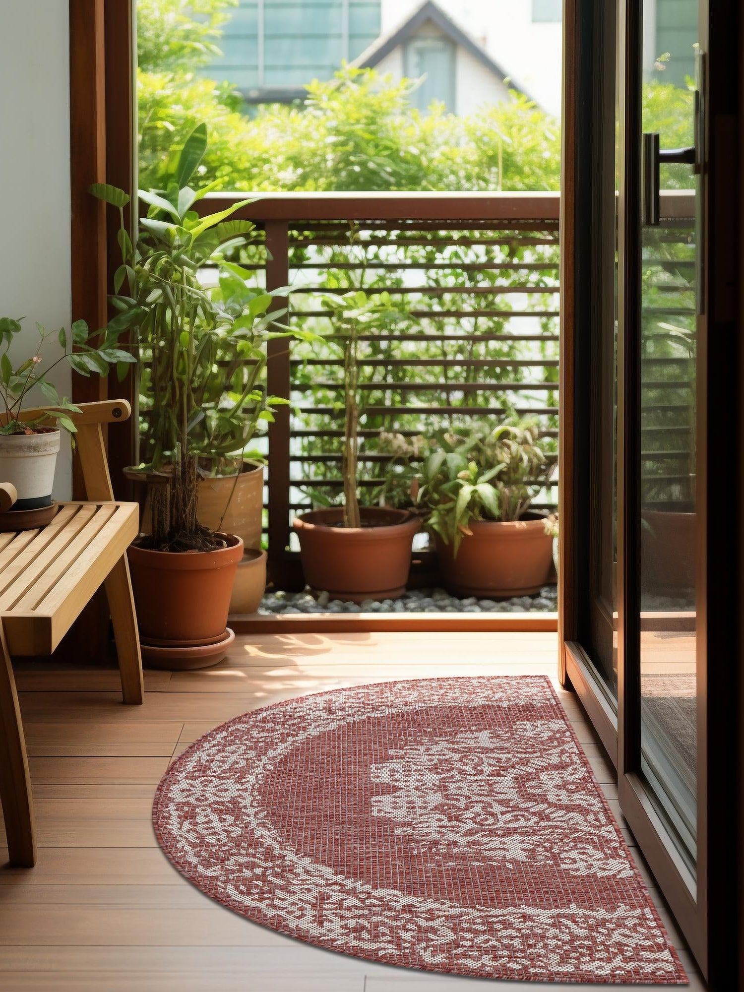 Rust Red 3' 1 x 6' 1 Outdoor Traditional Hearth Half-Round Semicircle Area Rug Weather Resistant for Patio, Deck, Terrace, Balcony, Porch Classical Design Outside Carpet for Sale at Rug Engine