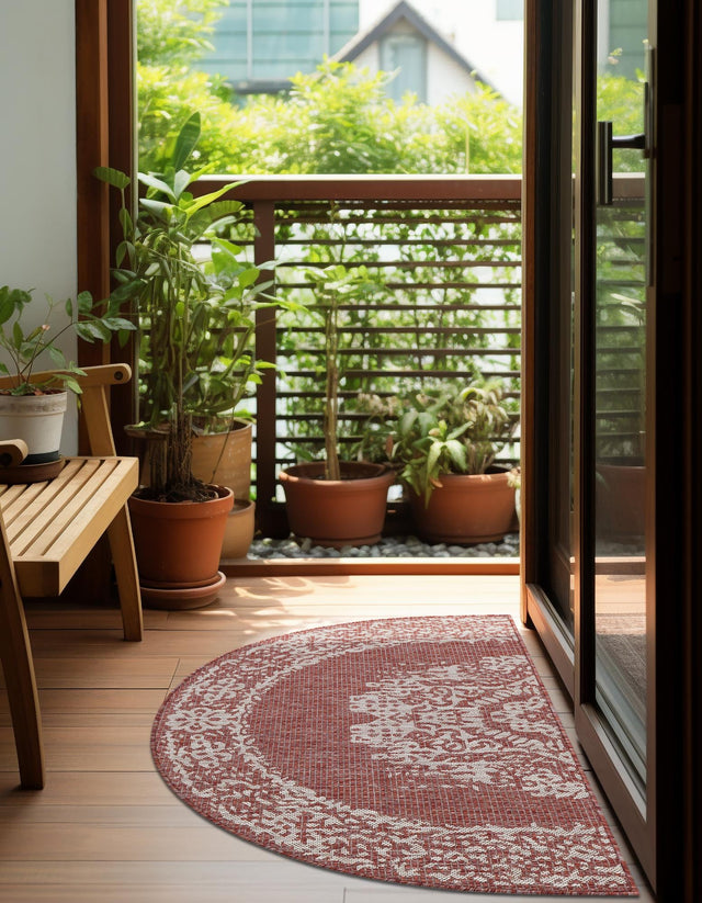 Rust Red 3' 1 x 6' 1 Outdoor Traditional Hearth Half-Round Semicircle Area Rug Weather Resistant for Patio, Deck, Terrace, Balcony, Porch Classical Design Outside Carpet for Sale at Rug Engine