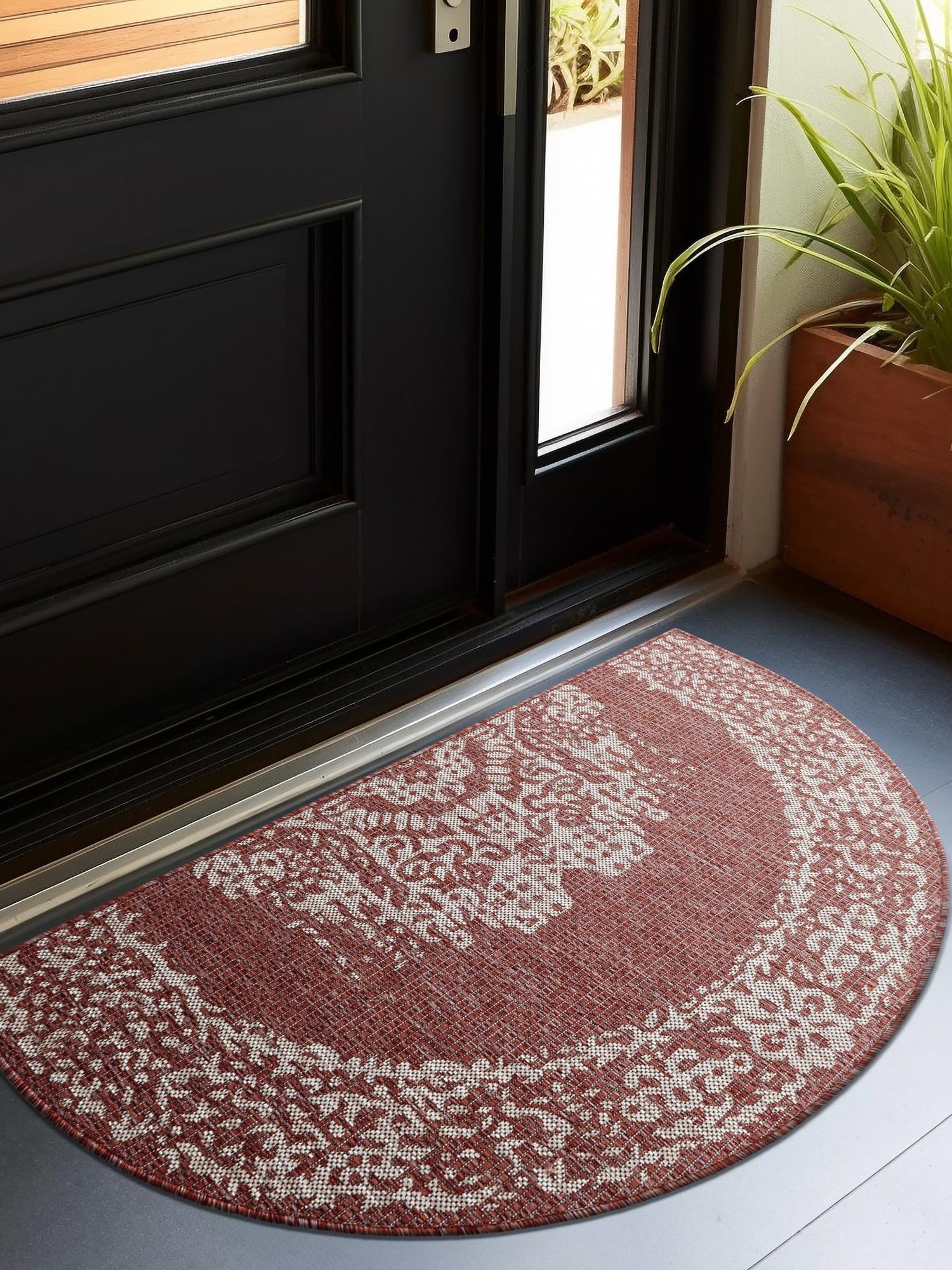 Rust Red 3' 1 x 6' 1 Outdoor Traditional Hearth Half-Round Semicircle Area Rug Weather Resistant for Patio, Deck, Terrace, Balcony, Porch Classical Design Outside Carpet for Sale at Rug Engine
