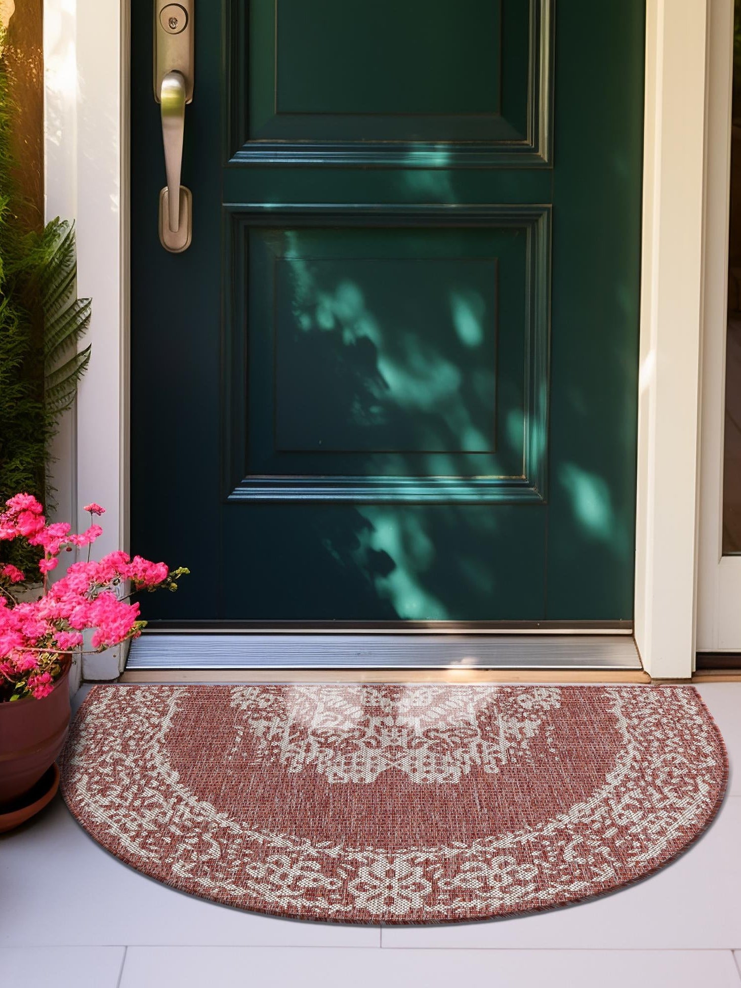 Rust Red 3' 1 x 6' 1 Outdoor Traditional Hearth Half-Round Semicircle Area Rug Weather Resistant for Patio, Deck, Terrace, Balcony, Porch Classical Design Outside Carpet for Sale at Rug Engine