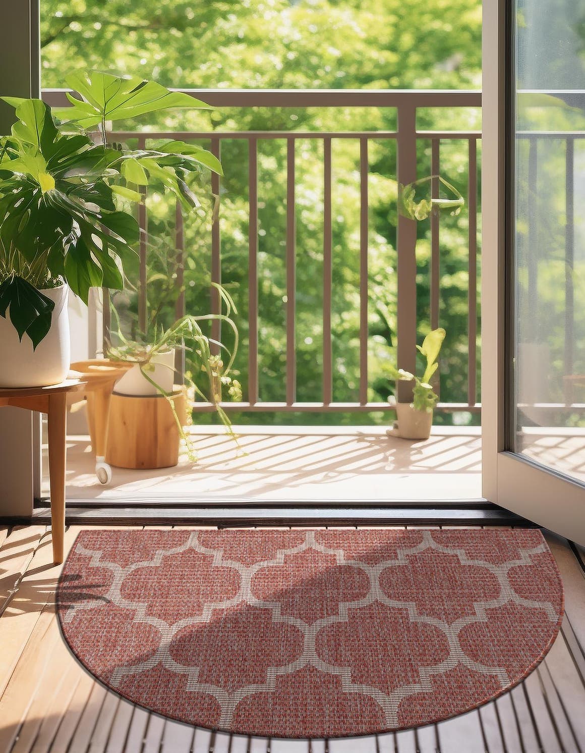 Rust Red 2' 7 x 4' 1 Outdoor Trellis Hearth Half-Round Semicircle Area Rug Weather Resistant for Patio, Deck, Terrace, Balcony, Porch Geometric Design Water Safe Outside Carpet for Sale at Rug Engine