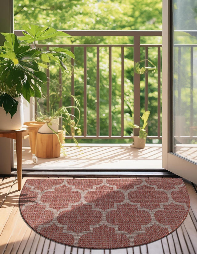 Rust Red 2' 7 x 4' 1 Outdoor Trellis Hearth Half-Round Semicircle Area Rug Weather Resistant for Patio, Deck, Terrace, Balcony, Porch Geometric Design Water Safe Outside Carpet for Sale at Rug Engine