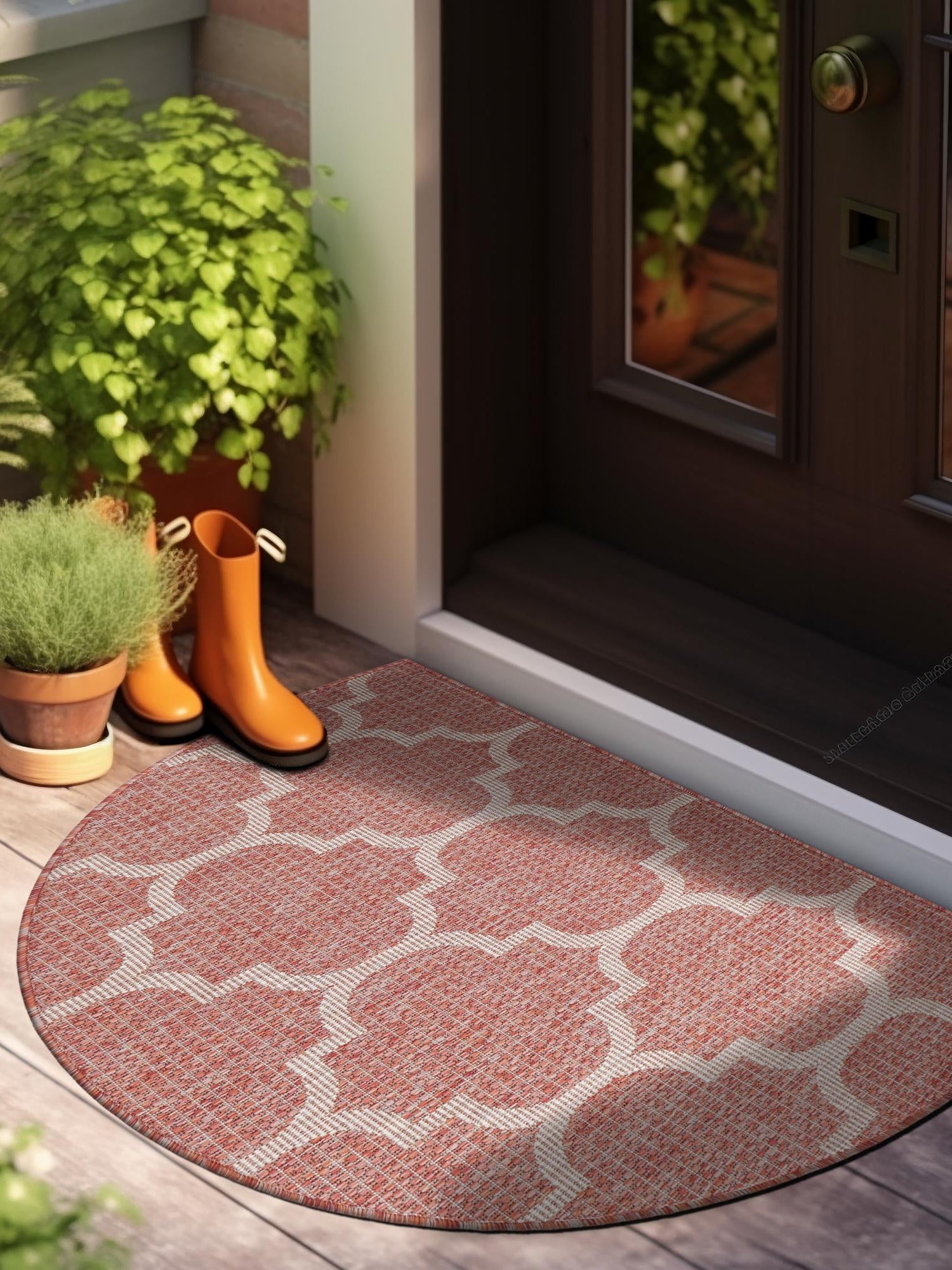 Rust Red 2' 7 x 4' 1 Outdoor Trellis Hearth Half-Round Semicircle Area Rug Weather Resistant for Patio, Deck, Terrace, Balcony, Porch Geometric Design Water Safe Outside Carpet for Sale at Rug Engine