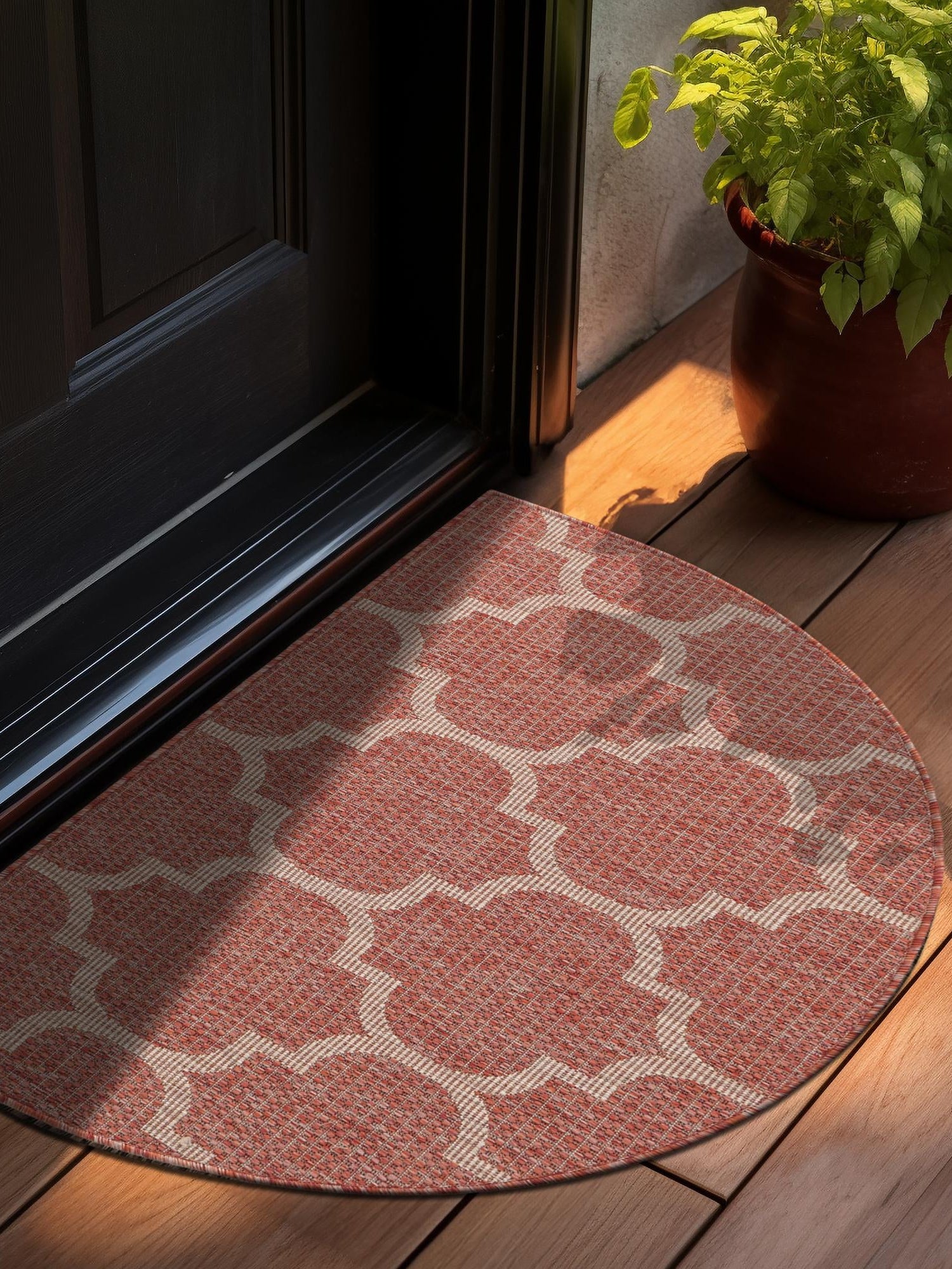 Rust Red 2' 7 x 4' 1 Outdoor Trellis Hearth Half-Round Semicircle Area Rug Weather Resistant for Patio, Deck, Terrace, Balcony, Porch Geometric Design Water Safe Outside Carpet for Sale at Rug Engine