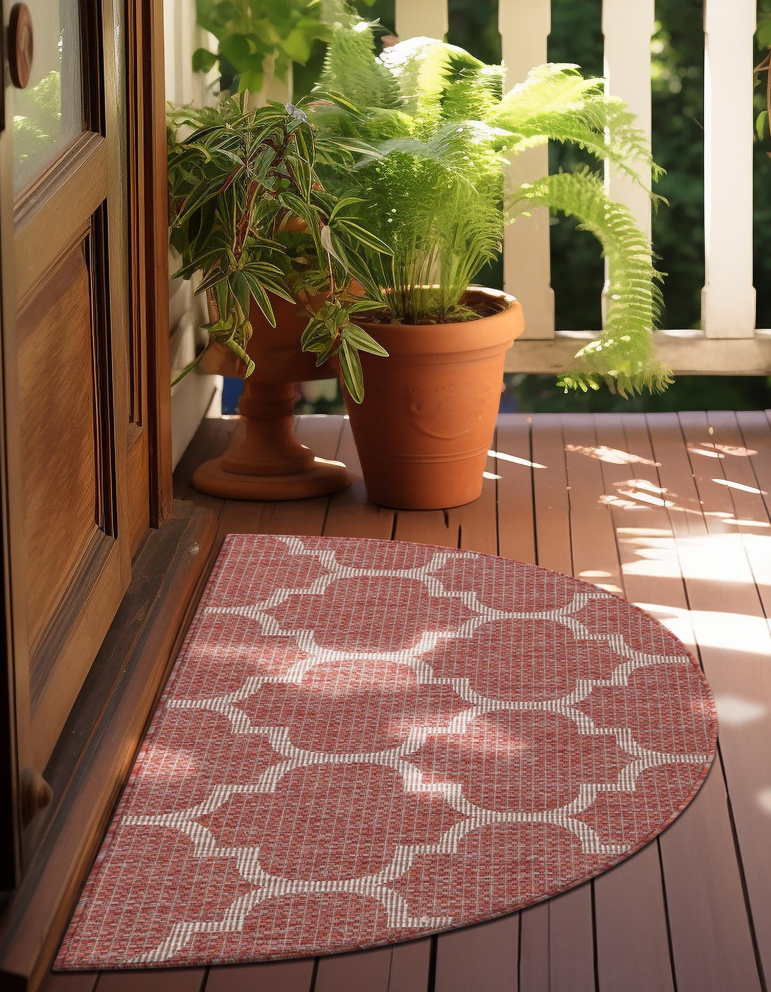 Rust Red 2' 7 x 4' 1 Outdoor Trellis Hearth Half-Round Semicircle Area Rug Weather Resistant for Patio, Deck, Terrace, Balcony, Porch Geometric Design Water Safe Outside Carpet for Sale at Rug Engine