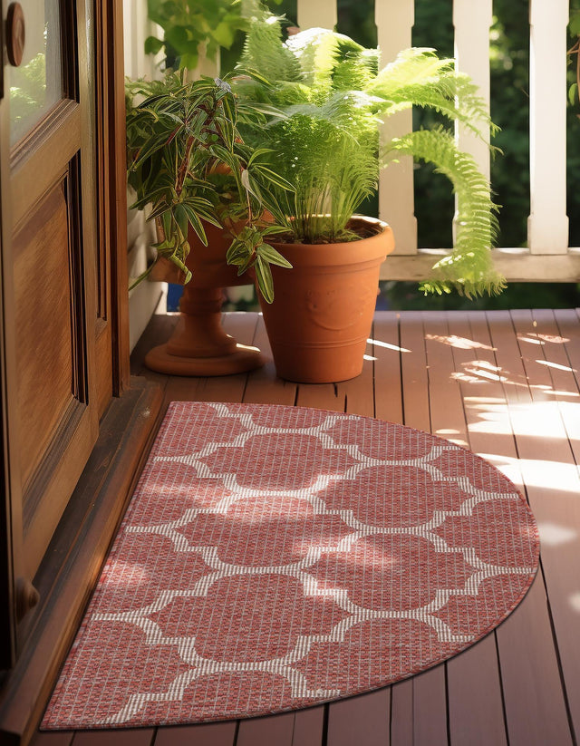 Rust Red 2' 7 x 4' 1 Outdoor Trellis Hearth Half-Round Semicircle Area Rug Weather Resistant for Patio, Deck, Terrace, Balcony, Porch Geometric Design Water Safe Outside Carpet for Sale at Rug Engine