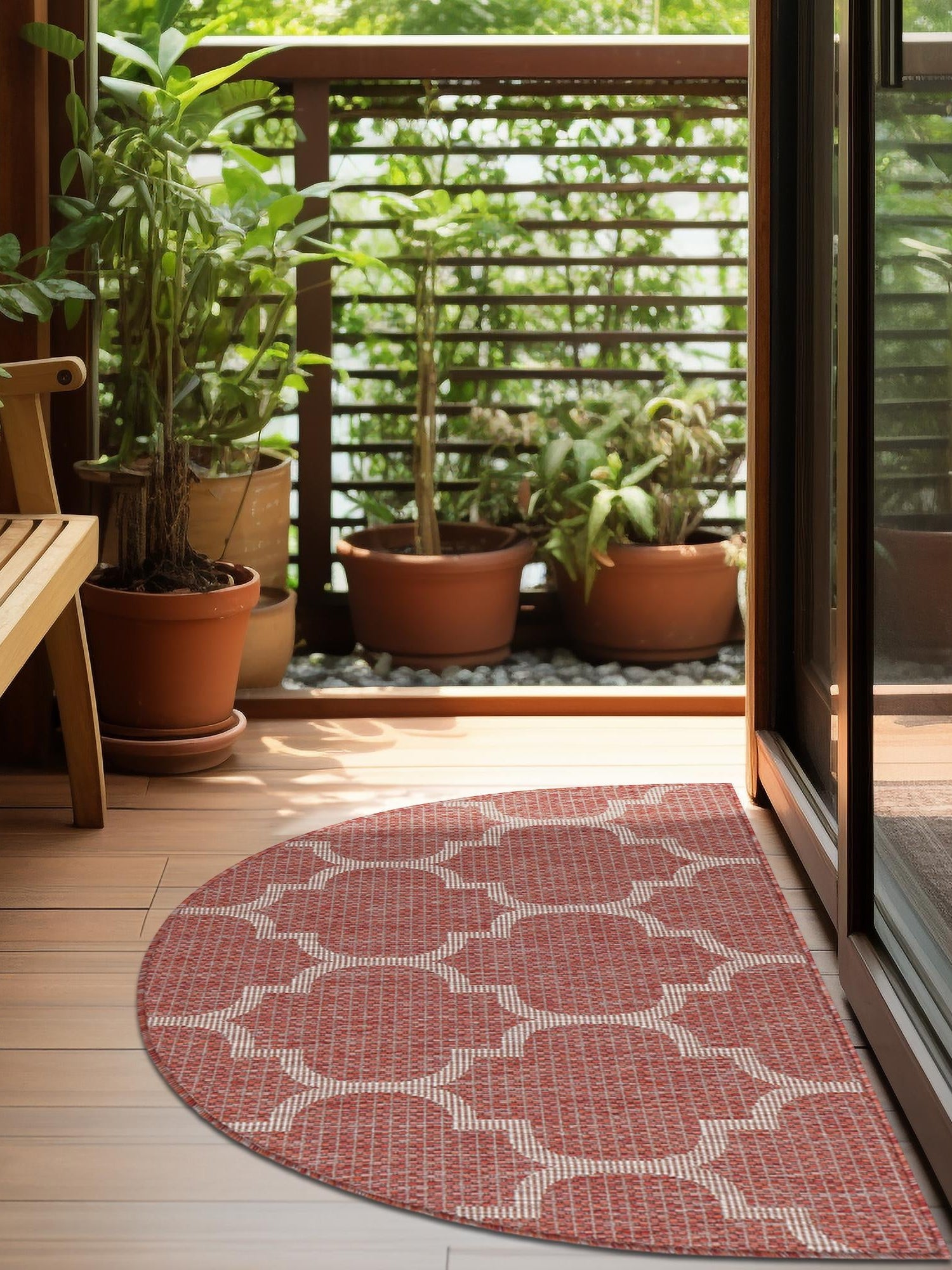 Rust Red 2' 7 x 4' 1 Outdoor Trellis Hearth Half-Round Semicircle Area Rug Weather Resistant for Patio, Deck, Terrace, Balcony, Porch Geometric Design Water Safe Outside Carpet for Sale at Rug Engine