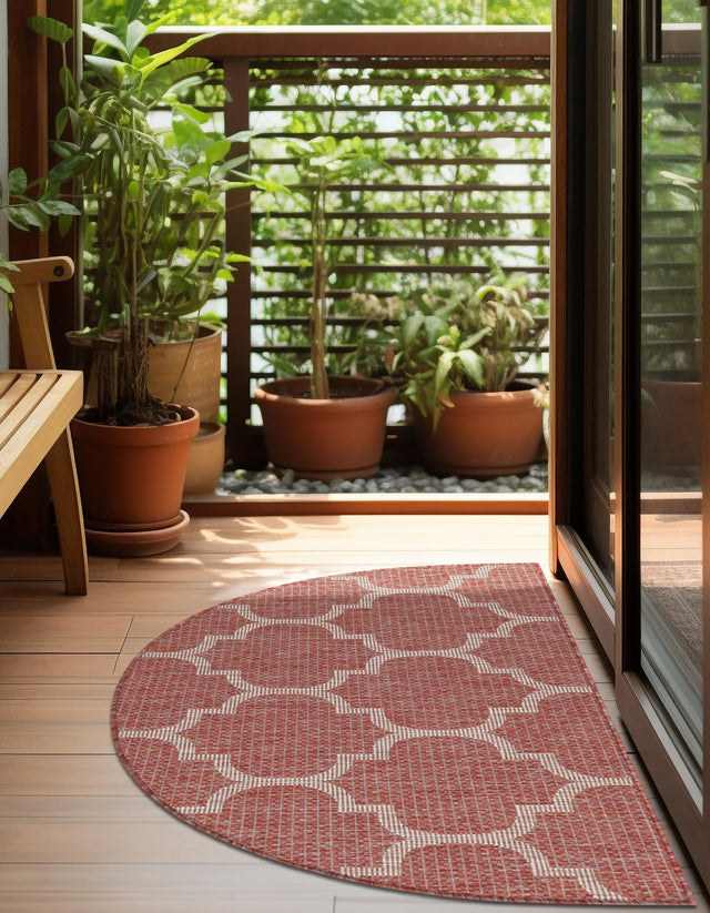 Rust Red 2' 7 x 4' 1 Outdoor Trellis Hearth Half-Round Semicircle Area Rug Weather Resistant for Patio, Deck, Terrace, Balcony, Porch Geometric Design Water Safe Outside Carpet for Sale at Rug Engine