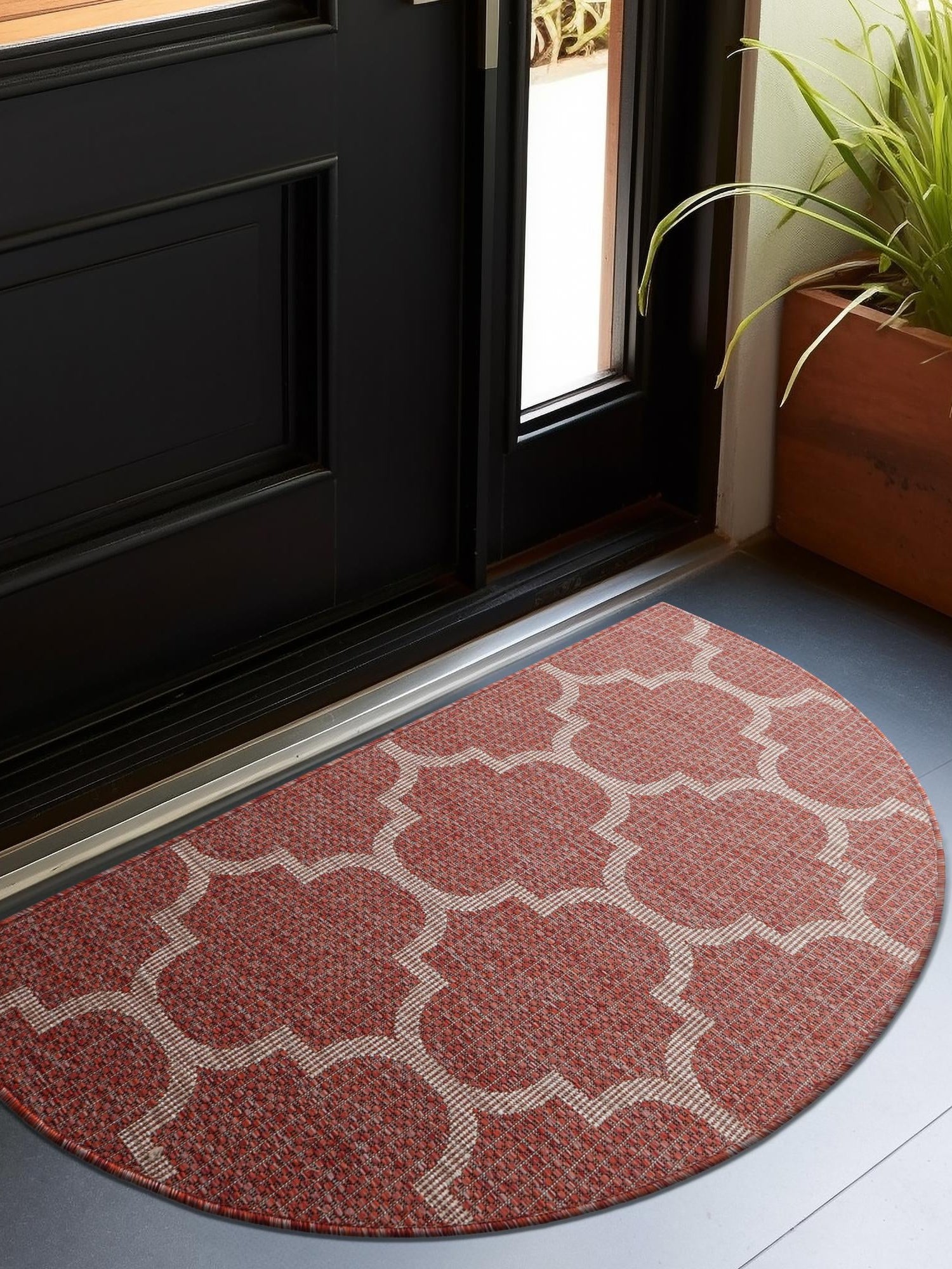 Rust Red 2' 7 x 4' 1 Outdoor Trellis Hearth Half-Round Semicircle Area Rug Weather Resistant for Patio, Deck, Terrace, Balcony, Porch Geometric Design Water Safe Outside Carpet for Sale at Rug Engine