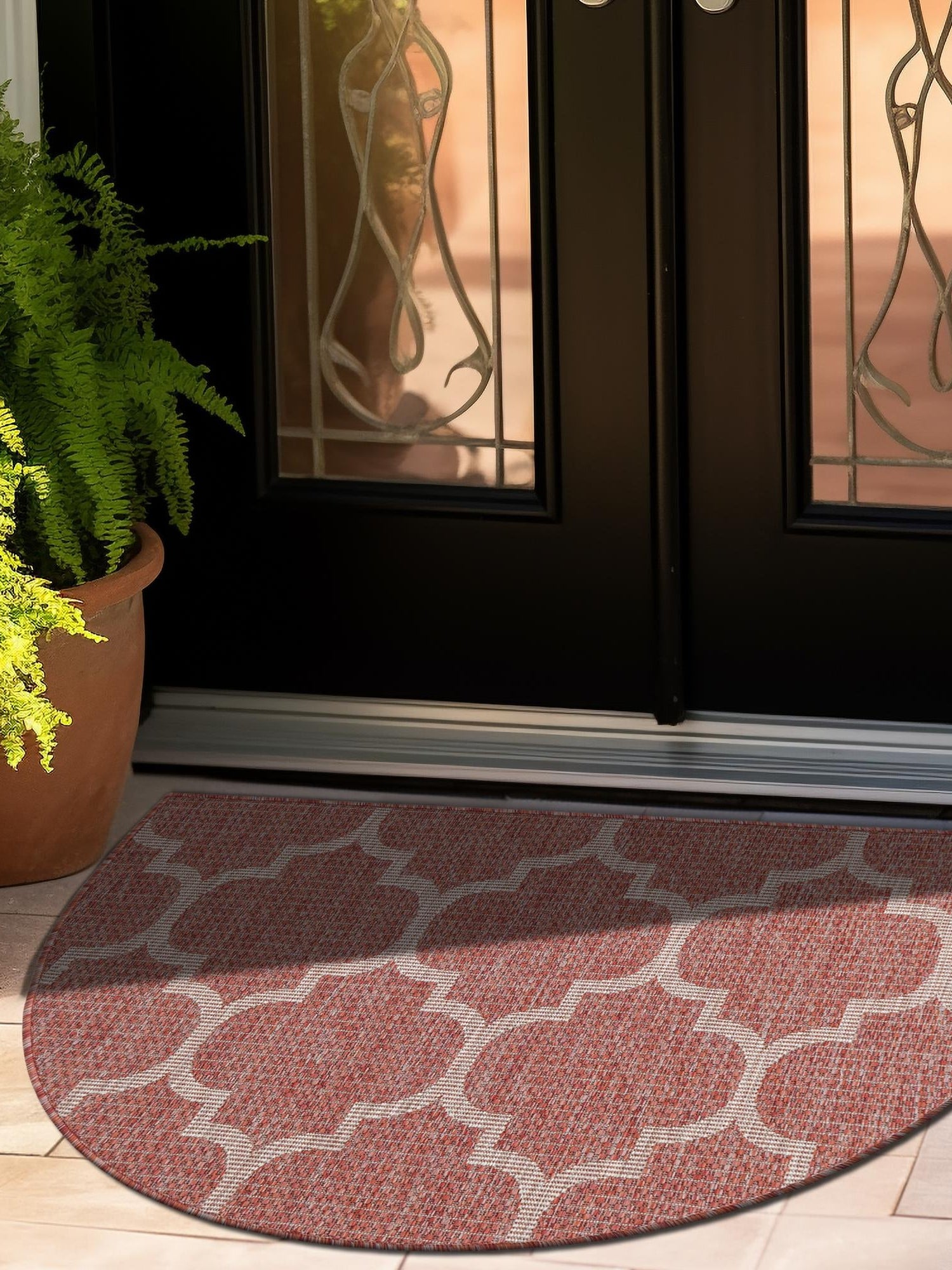Rust Red 2' 7 x 4' 1 Outdoor Trellis Hearth Half-Round Semicircle Area Rug Weather Resistant for Patio, Deck, Terrace, Balcony, Porch Geometric Design Water Safe Outside Carpet for Sale at Rug Engine