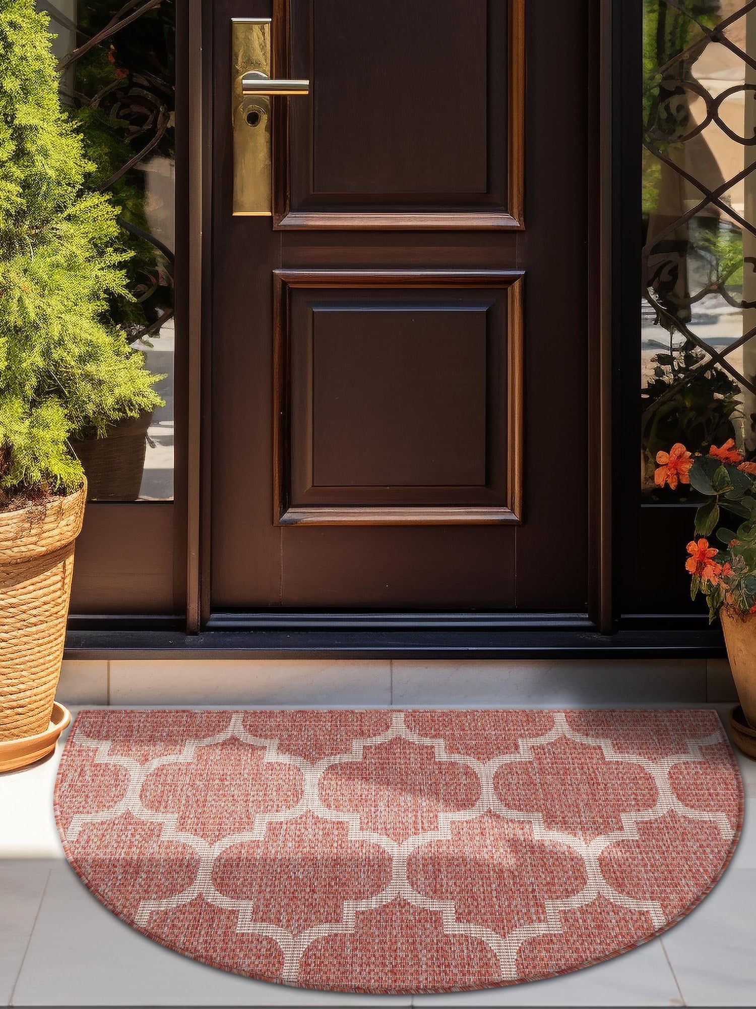 Rust Red 2' 7 x 4' 1 Outdoor Trellis Hearth Half-Round Semicircle Area Rug Weather Resistant for Patio, Deck, Terrace, Balcony, Porch Geometric Design Water Safe Outside Carpet for Sale at Rug Engine