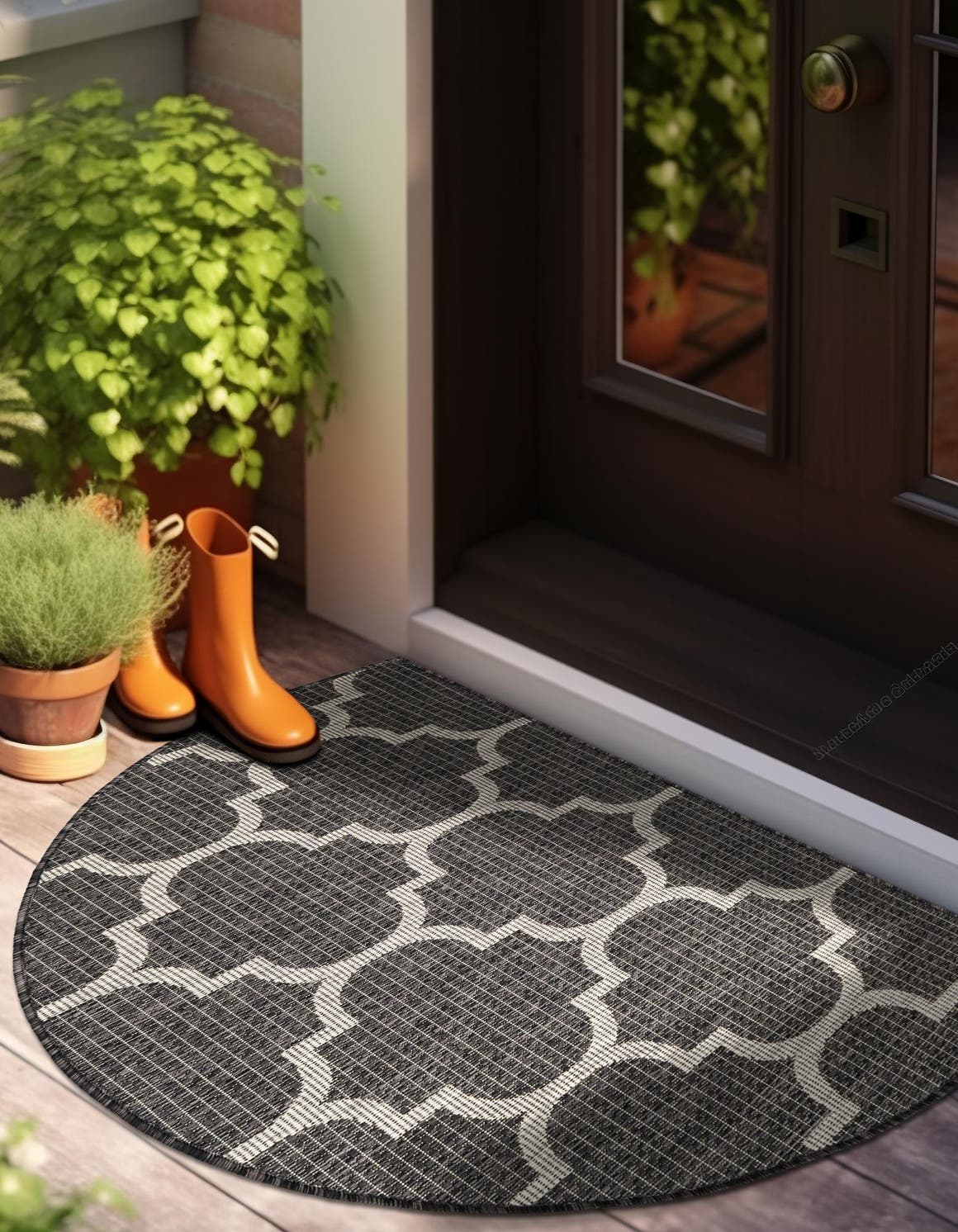 Black 2' 7 x 4' 1 Outdoor Trellis Hearth Half-Round Semicircle Area Rug Weather Resistant for Patio, Deck, Terrace, Balcony, Porch Geometric Design Water Safe Outside Carpet for Sale at Rug Engine