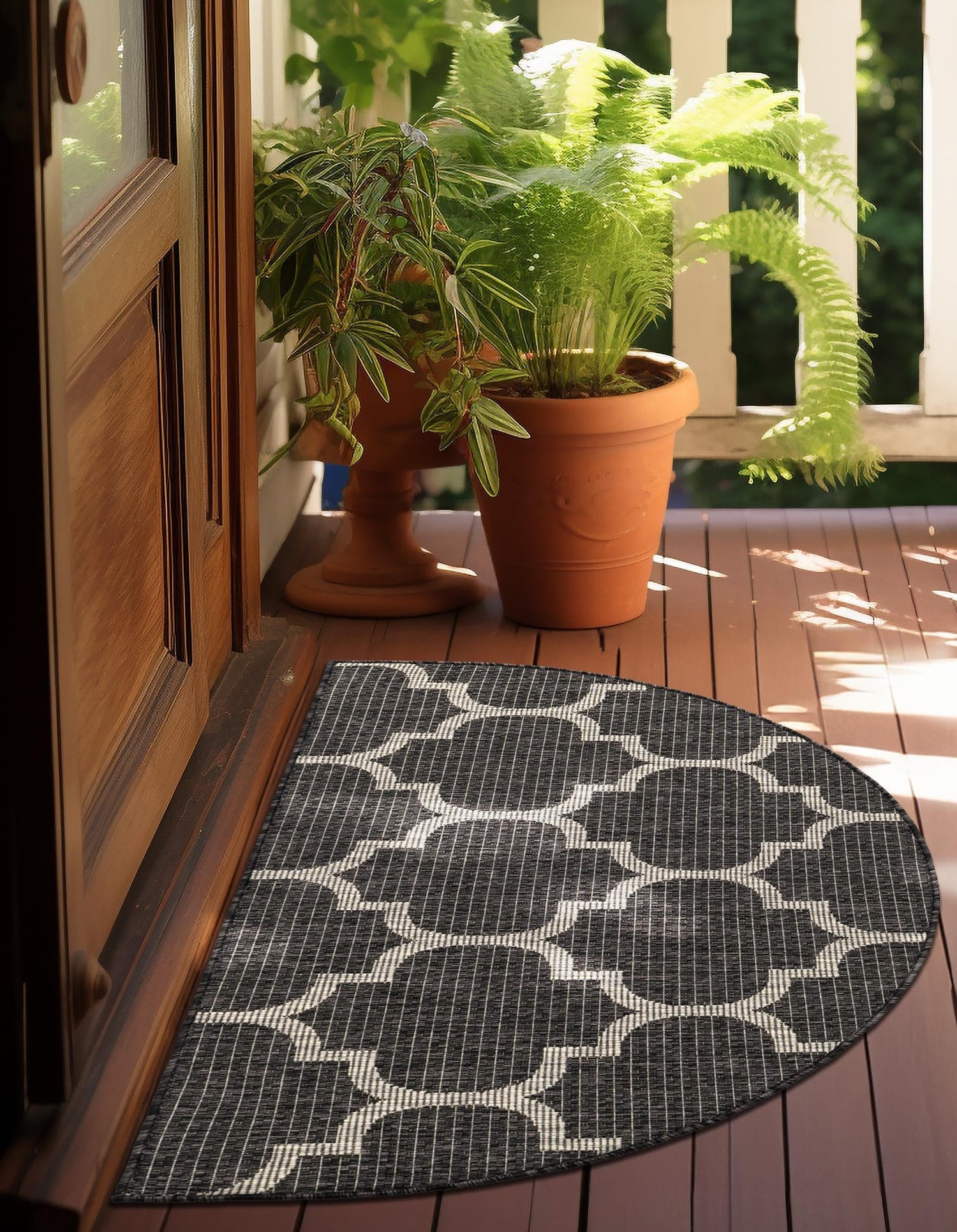Black 2' 7 x 4' 1 Outdoor Trellis Hearth Half-Round Semicircle Area Rug Weather Resistant for Patio, Deck, Terrace, Balcony, Porch Geometric Design Water Safe Outside Carpet for Sale at Rug Engine