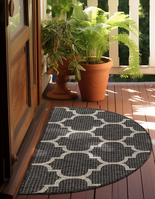 Black 2' 7 x 4' 1 Outdoor Trellis Hearth Half-Round Semicircle Area Rug Weather Resistant for Patio, Deck, Terrace, Balcony, Porch Geometric Design Water Safe Outside Carpet for Sale at Rug Engine