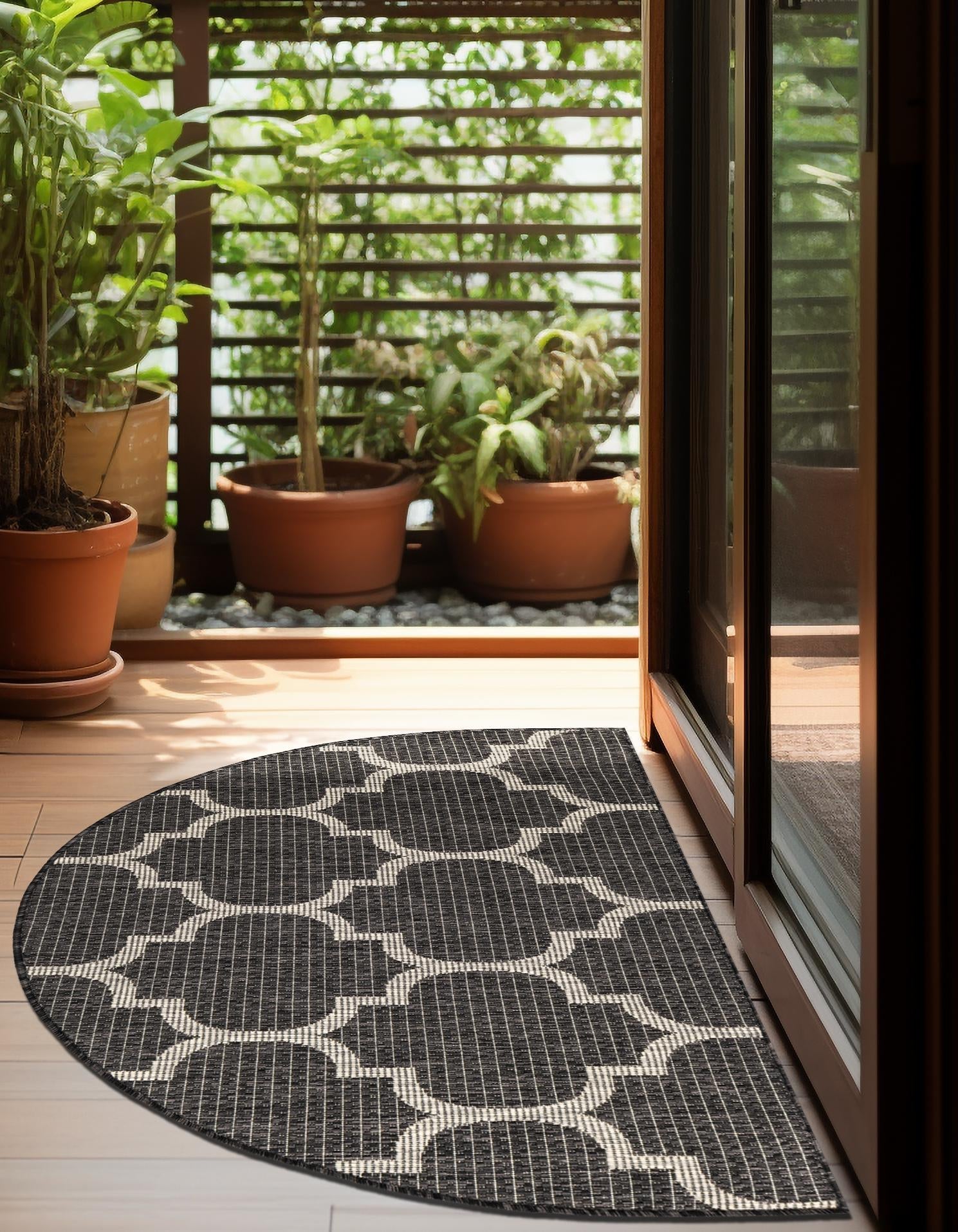 Black 2' 7 x 4' 1 Outdoor Trellis Hearth Half-Round Semicircle Area Rug Weather Resistant for Patio, Deck, Terrace, Balcony, Porch Geometric Design Water Safe Outside Carpet for Sale at Rug Engine