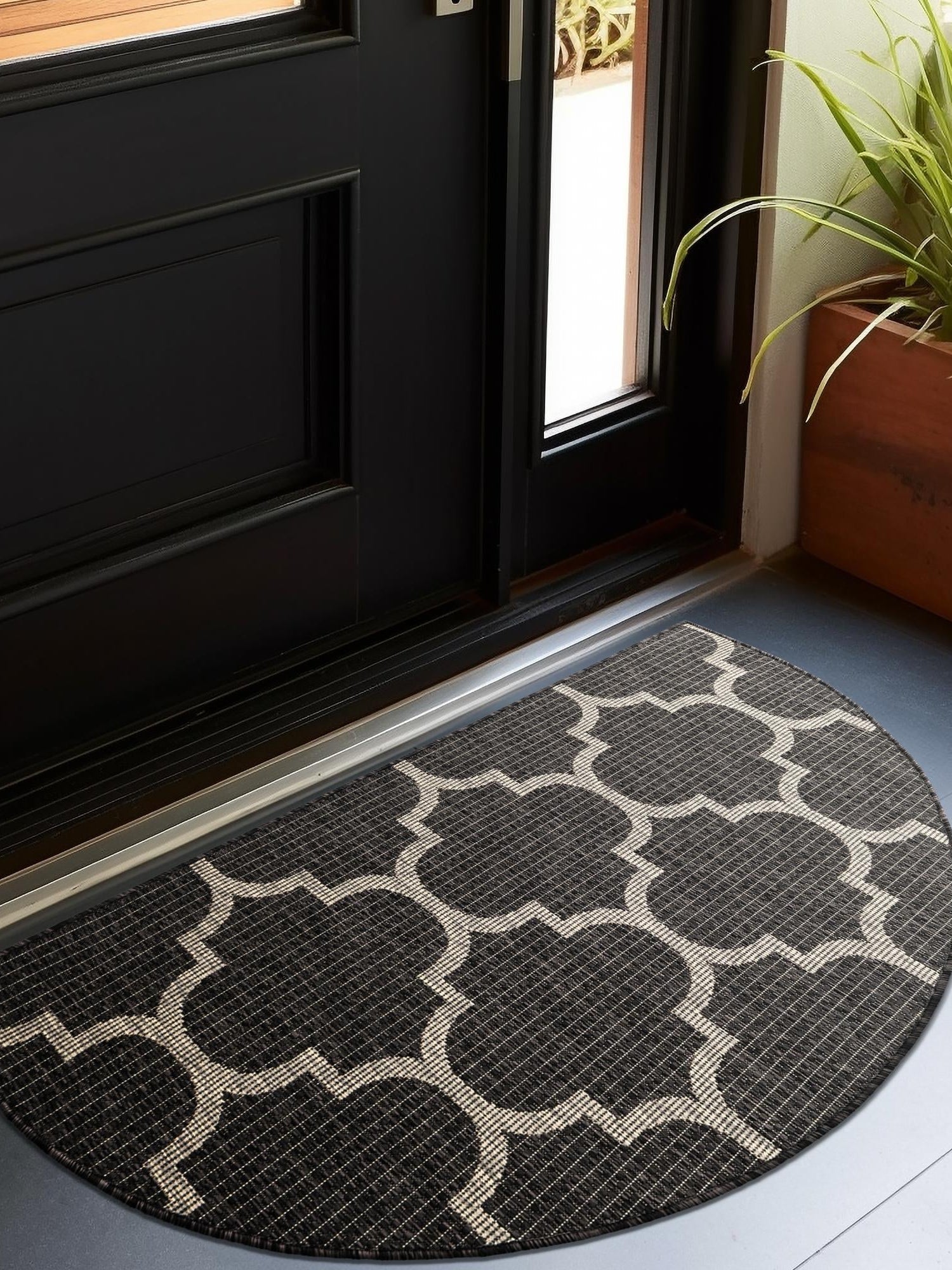 Black 2' 7 x 4' 1 Outdoor Trellis Hearth Half-Round Semicircle Area Rug Weather Resistant for Patio, Deck, Terrace, Balcony, Porch Geometric Design Water Safe Outside Carpet for Sale at Rug Engine