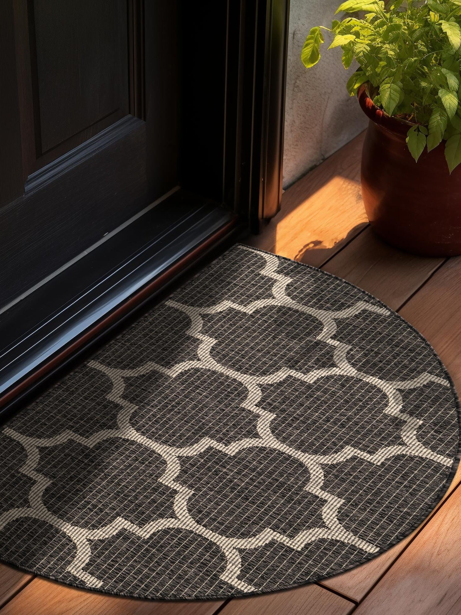 Black 2' 7 x 4' 1 Outdoor Trellis Hearth Half-Round Semicircle Area Rug Weather Resistant for Patio, Deck, Terrace, Balcony, Porch Geometric Design Water Safe Outside Carpet for Sale at Rug Engine