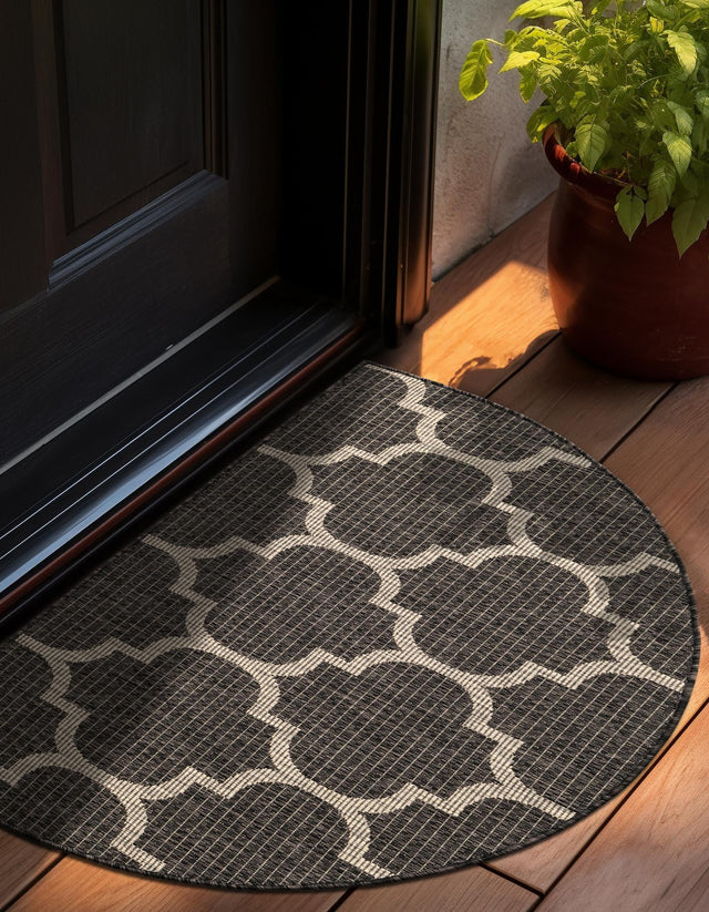 Black 2' 7 x 4' 1 Outdoor Trellis Hearth Half-Round Semicircle Area Rug Weather Resistant for Patio, Deck, Terrace, Balcony, Porch Geometric Design Water Safe Outside Carpet for Sale at Rug Engine