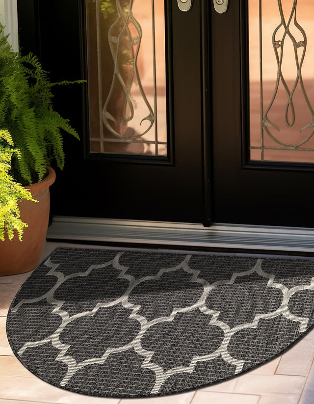 Black 2' 7 x 4' 1 Outdoor Trellis Hearth Half-Round Semicircle Area Rug Weather Resistant for Patio, Deck, Terrace, Balcony, Porch Geometric Design Water Safe Outside Carpet for Sale at Rug Engine