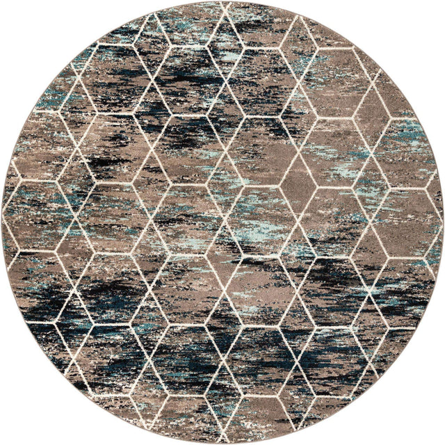 Blue Multicolor 10' x 10' Trellis Frieze Round Area Rug Geometric Modern Unique Stain Resistant Easy Clean Carpet for Living, Dining, Bedrooms, Office for Sale at Rug Engine