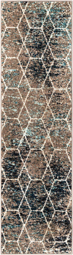 Blue Multicolor 2' x 7' 1 Trellis Frieze Runner Area Rug Geometric Modern Unique Stain Resistant Easy Clean Carpet for Living, Dining, Bedrooms, Office for Sale at Rug Engine