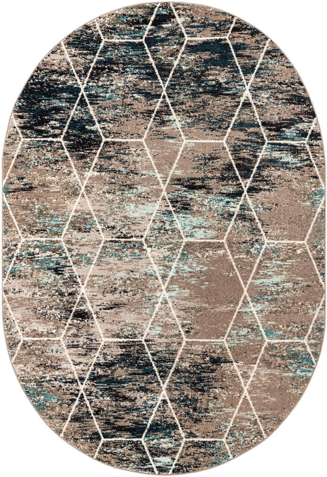 Blue Multicolor 7' 1 x 10' Trellis Frieze Oval Area Rug Geometric Modern Unique Stain Resistant Easy Clean Carpet for Living, Dining, Bedrooms, Office for Sale at Rug Engine