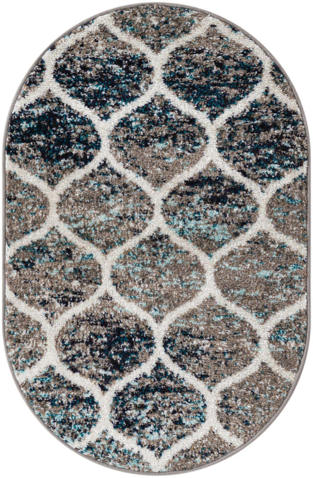 Blue Multicolor 2' x 3' 1 Trellis Frieze Oval Area Rug Geometric Modern Unique Stain Resistant Easy Clean Carpet for Living, Dining, Bedrooms, Office for Sale at Rug Engine