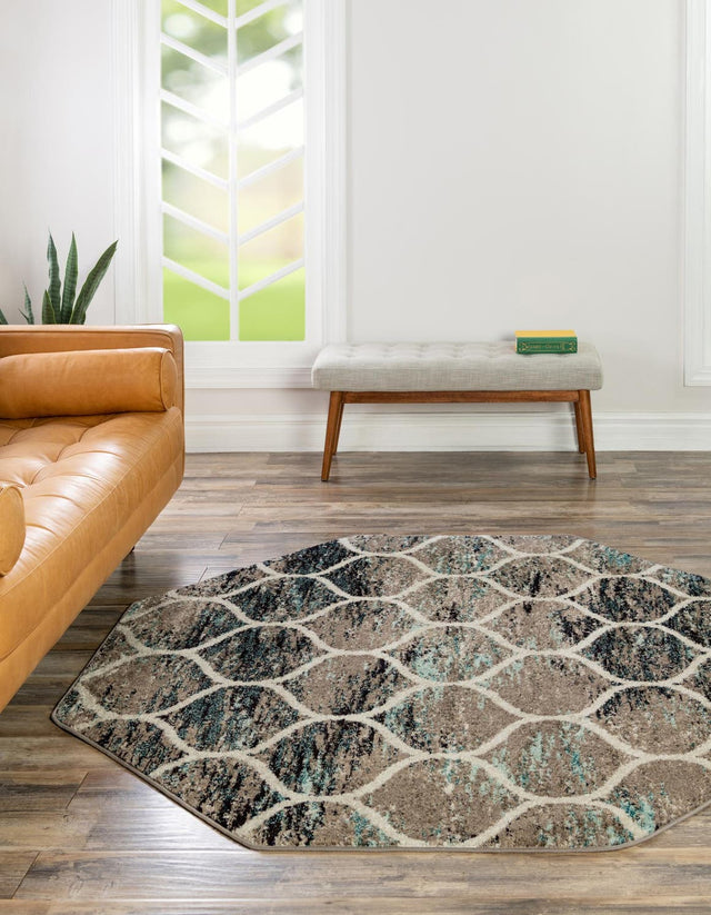 Blue Multicolor 4' 1 x 4' 1 Trellis Frieze Octagon Area Rug Geometric Modern Unique Stain Resistant Easy Clean Carpet for Living, Dining, Bedrooms, Office for Sale at Rug Engine