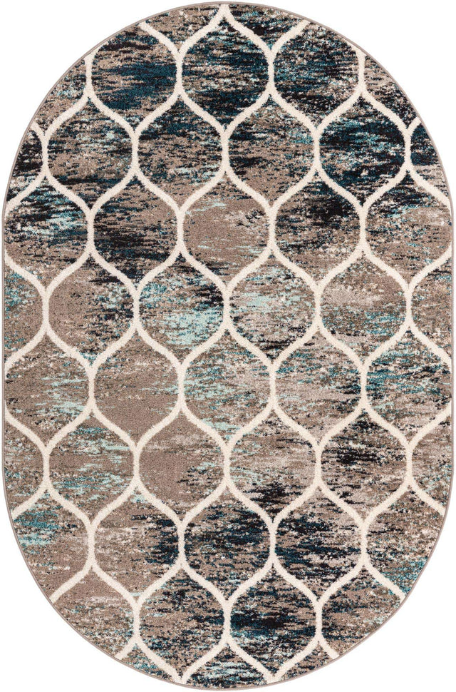 Blue Multicolor 6' 1 x 9' Trellis Frieze Oval Area Rug Geometric Modern Unique Stain Resistant Easy Clean Carpet for Living, Dining, Bedrooms, Office for Sale at Rug Engine