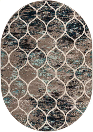 Blue Multicolor 7' 1 x 10' Trellis Frieze Oval Area Rug Geometric Modern Unique Stain Resistant Easy Clean Carpet for Living, Dining, Bedrooms, Office for Sale at Rug Engine