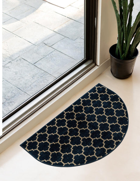 Dark Blue 3' 1 x 6' 1 Trellis Hearth Half-Round Semicircle Area Rug Geometric Modern Unique Durable Easy Clean Carpet for Contemporary Interior Design for Sale at Rug Engine