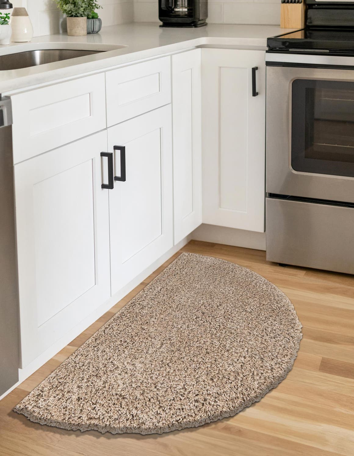 Taupe 3' 1 x 6' 1 Solid Shag Hearth Half-Round Semicircle Area Rug Thick Soft Touch Fluffy & Plush Shaggy Pile Durable Minimalist Carpet for Classic Interior Design for Sale at Rug Engine