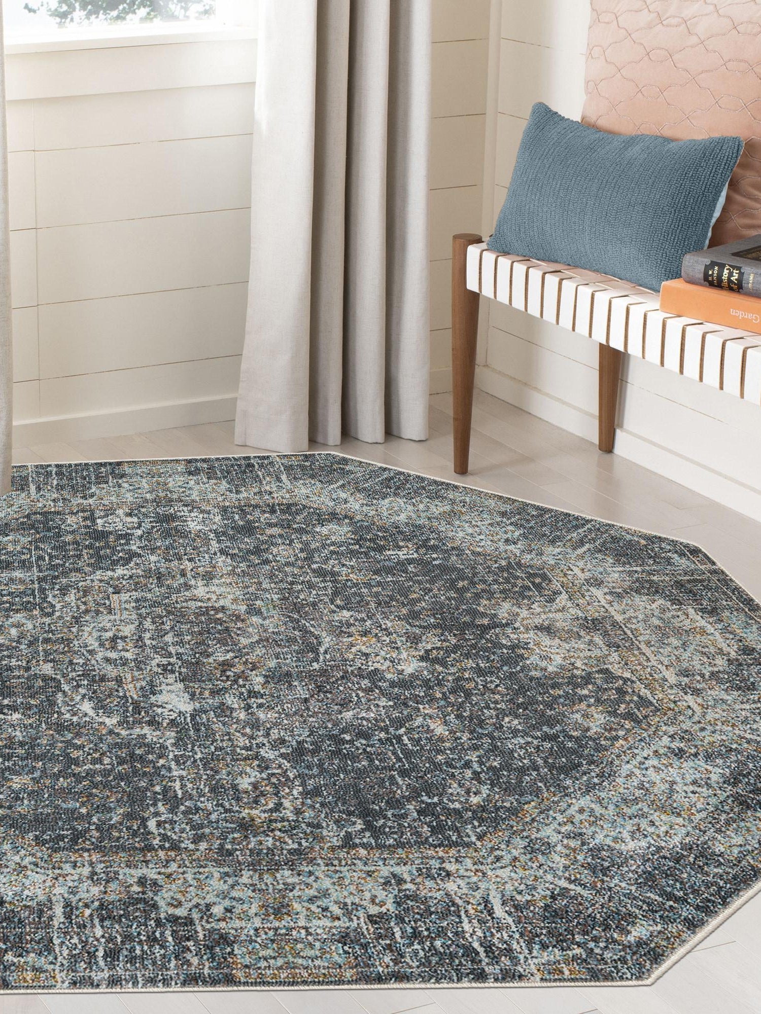 Fume Gray 5' 5 x 5' 5 Baracoa Octagon Area Rug 100% Polypropylene Distressed Vintage Living Dining Room Office Traditional Carpet for Sale at Rug Engine