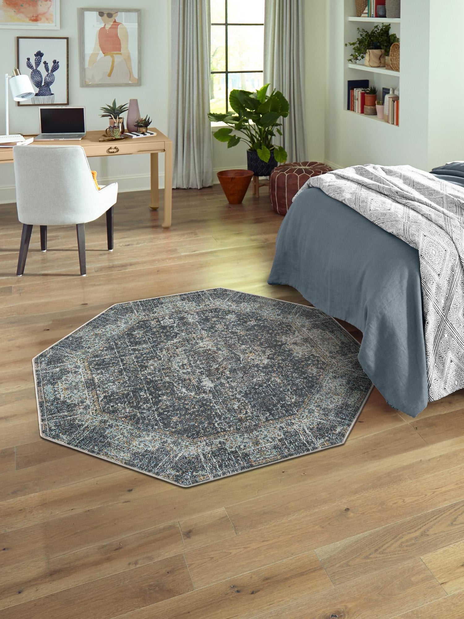 Fume Gray 5' 5 x 5' 5 Baracoa Octagon Area Rug 100% Polypropylene Distressed Vintage Living Dining Room Office Traditional Carpet for Sale at Rug Engine