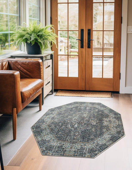 Fume Gray 4' 3 x 4' 3 Baracoa Octagon Area Rug 100% Polypropylene Distressed Vintage Living Dining Room Office Traditional Carpet for Sale at Rug Engine