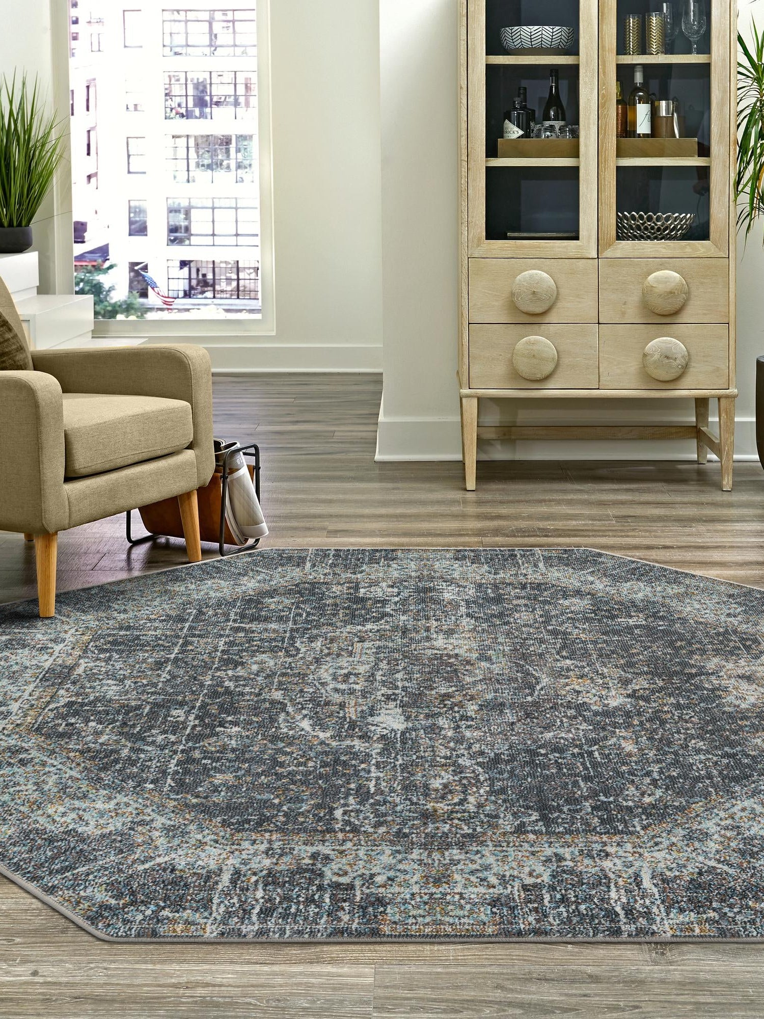 Fume Gray 4' 3 x 4' 3 Baracoa Octagon Area Rug 100% Polypropylene Distressed Vintage Living Dining Room Office Traditional Carpet for Sale at Rug Engine