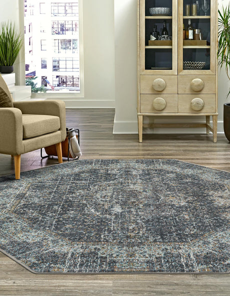 Fume Gray 4' 3 x 4' 3 Baracoa Octagon Area Rug 100% Polypropylene Distressed Vintage Living Dining Room Office Traditional Carpet for Sale at Rug Engine