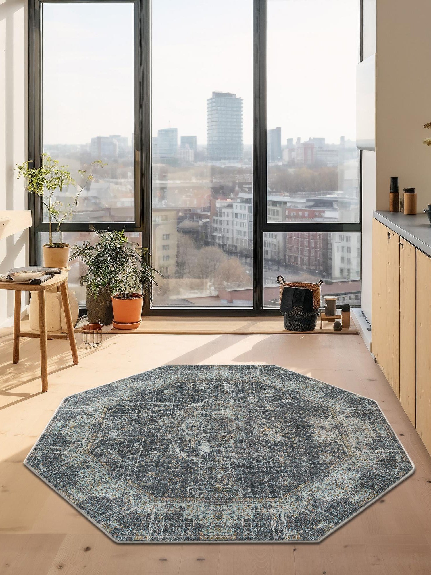 Fume Gray 4' 3 x 4' 3 Baracoa Octagon Area Rug 100% Polypropylene Distressed Vintage Living Dining Room Office Traditional Carpet for Sale at Rug Engine