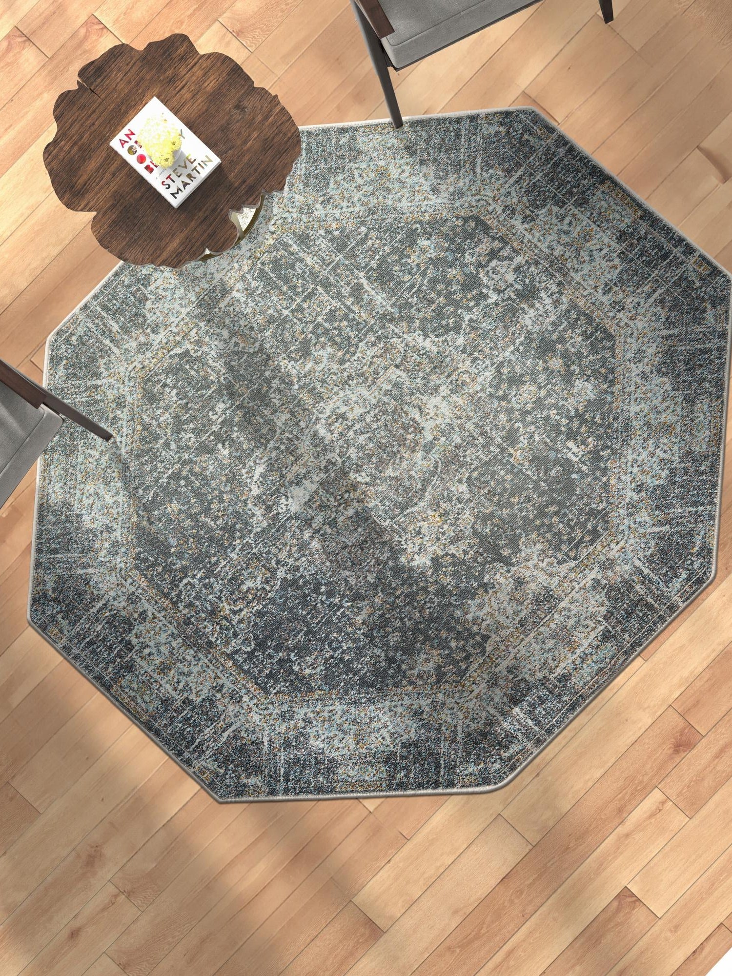 Fume Gray 4' 3 x 4' 3 Baracoa Octagon Area Rug 100% Polypropylene Distressed Vintage Living Dining Room Office Traditional Carpet for Sale at Rug Engine