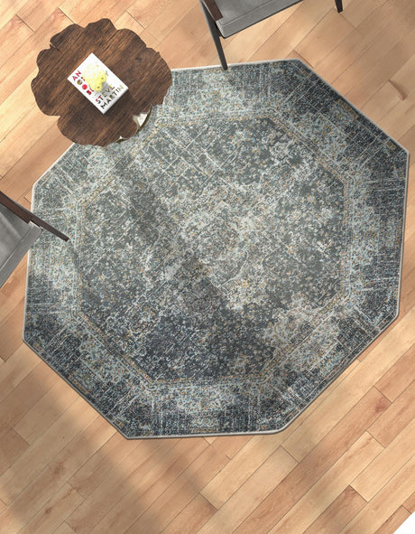 Fume Gray 4' 3 x 4' 3 Baracoa Octagon Area Rug 100% Polypropylene Distressed Vintage Living Dining Room Office Traditional Carpet for Sale at Rug Engine
