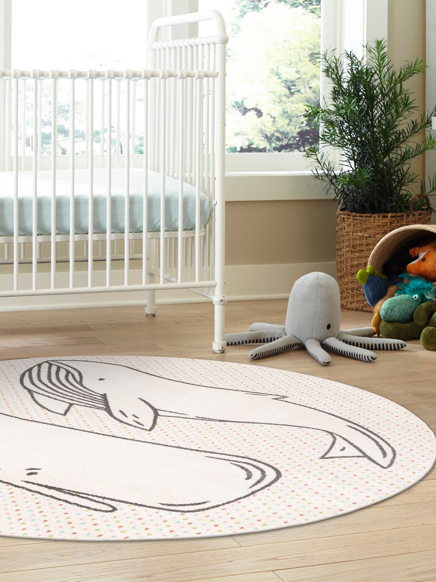 Gray 5' 3 x 5' 3 Whimsy Kids Round Area Rug for Baby Nursery, Toddler Playroom, Bedrooms