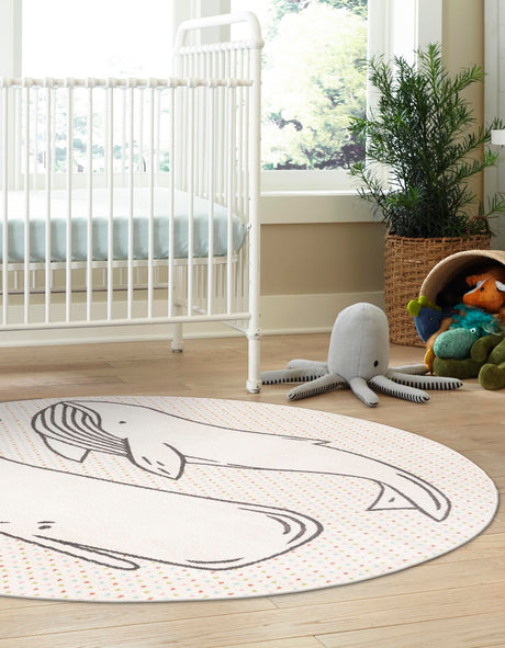 Gray 5' 3 x 5' 3 Whimsy Kids Round Area Rug for Baby Nursery, Toddler Playroom, Bedrooms