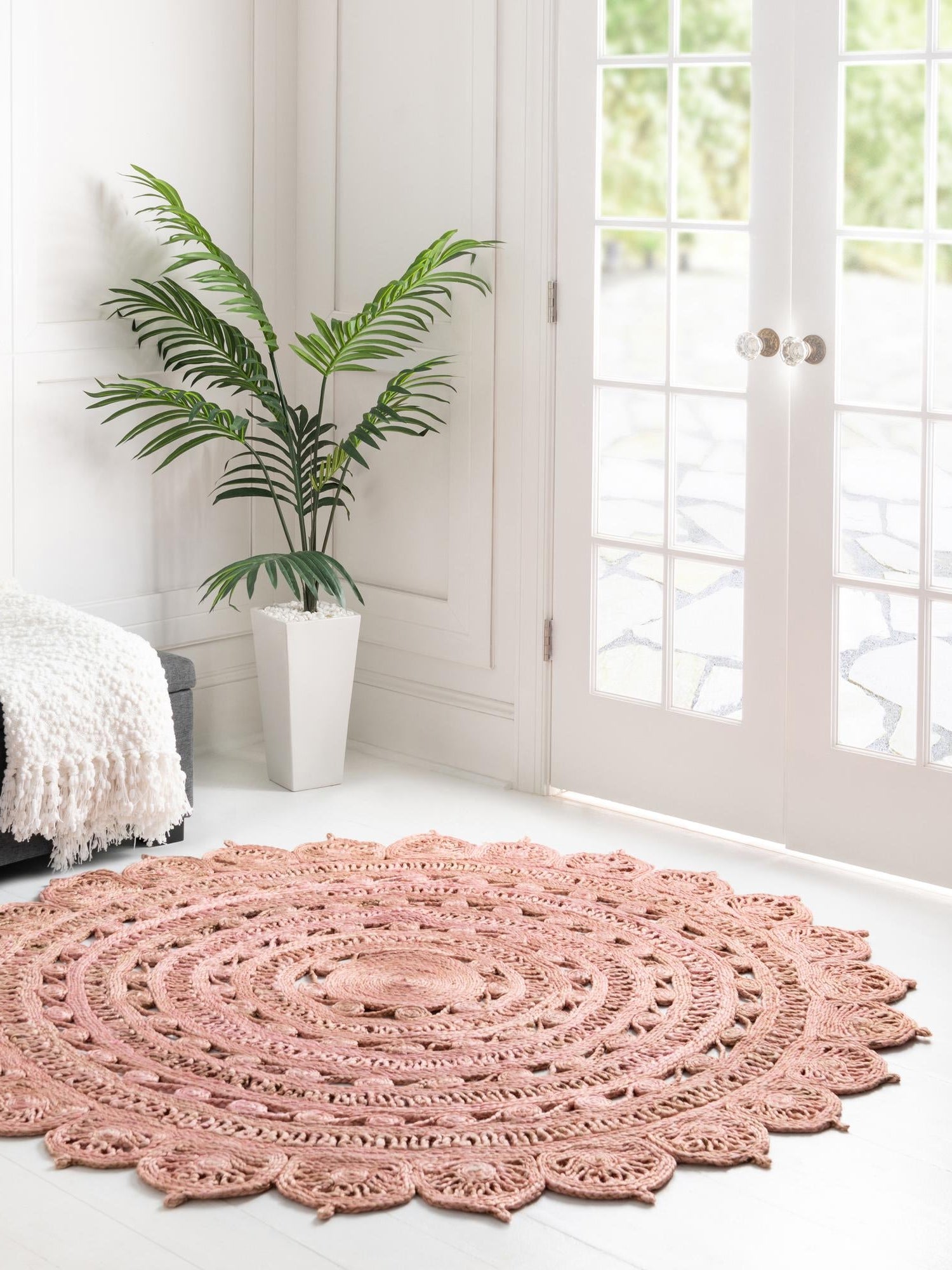 Pink 6' 1 x 6' 1 Braided Jute Round Area Rug 100% Jute Hand Braided Natural Eco-Friendly Boho Style Carpet for Living Rooms Dining Office Space Dorms for Sale at Rug Engine
