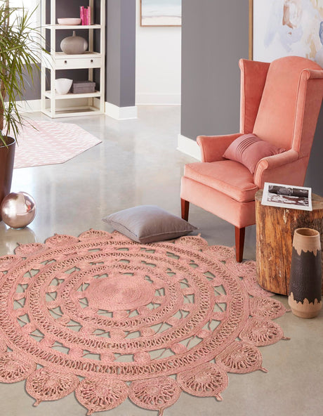Pink 6' 1 x 6' 1 Braided Jute Round Area Rug 100% Jute Hand Braided Natural Eco-Friendly Boho Style Carpet for Living Rooms Dining Office Space Dorms for Sale at Rug Engine