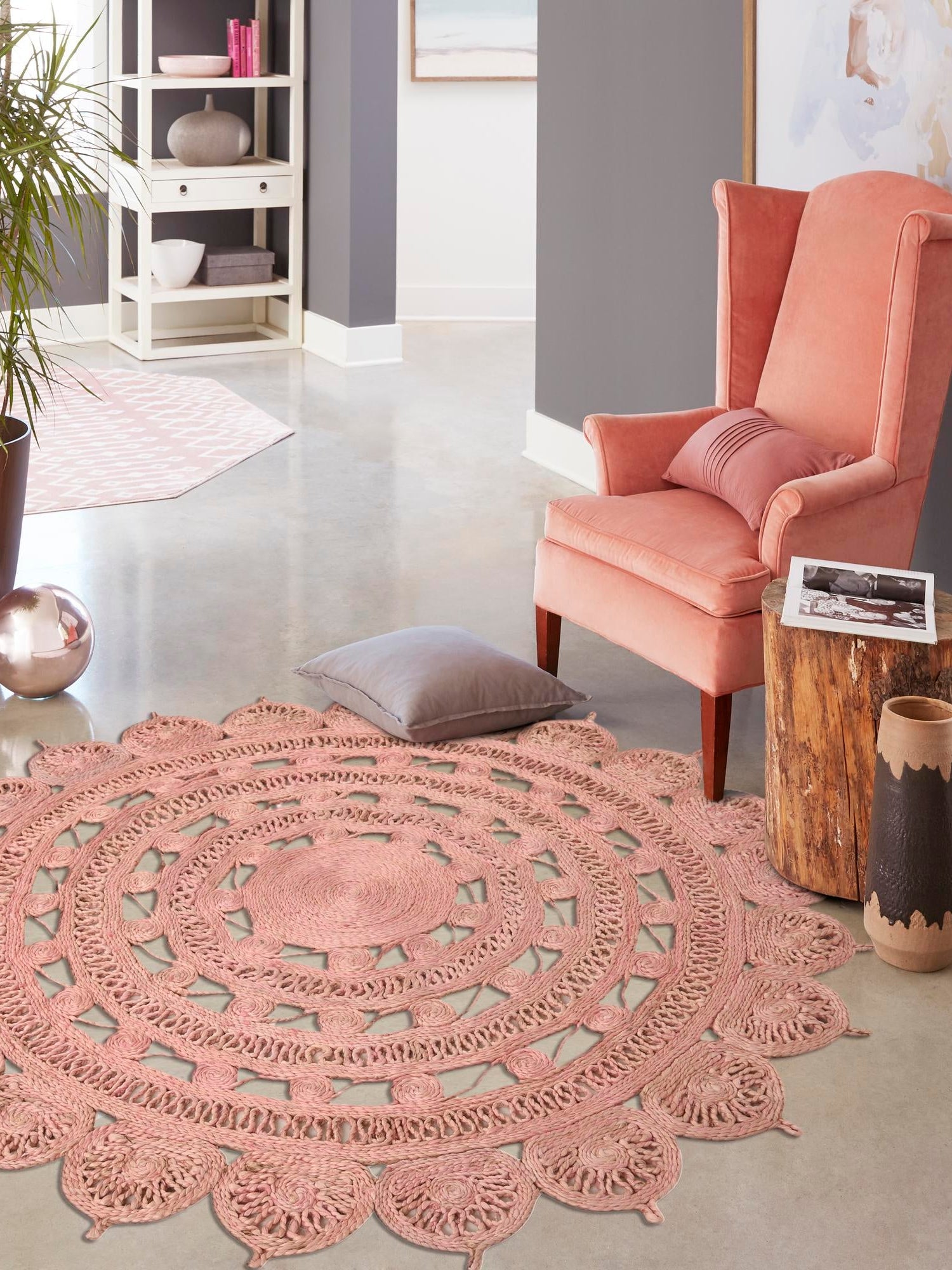 Pink 2' x 2' Braided Jute Round Area Rug 100% Jute Hand Braided Natural Eco-Friendly Boho Style Carpet for Living Rooms Dining Office Space Dorms for Sale at Rug Engine