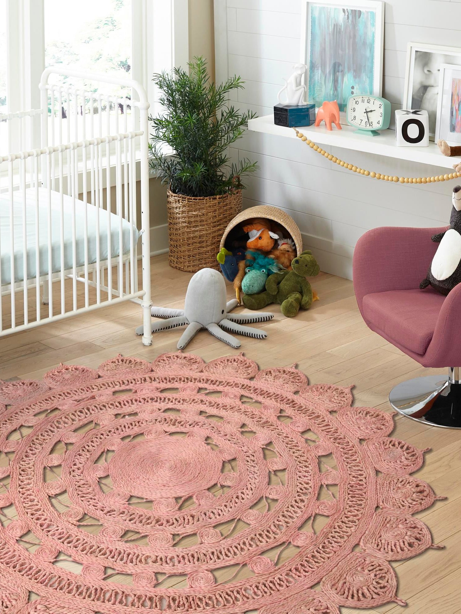 Pink 2' x 2' Braided Jute Round Area Rug 100% Jute Hand Braided Natural Eco-Friendly Boho Style Carpet for Living Rooms Dining Office Space Dorms for Sale at Rug Engine