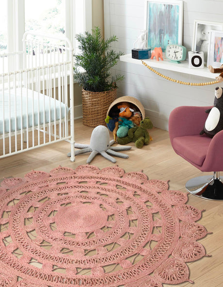 Pink 6' 1 x 6' 1 Braided Jute Round Area Rug 100% Jute Hand Braided Natural Eco-Friendly Boho Style Carpet for Living Rooms Dining Office Space Dorms for Sale at Rug Engine