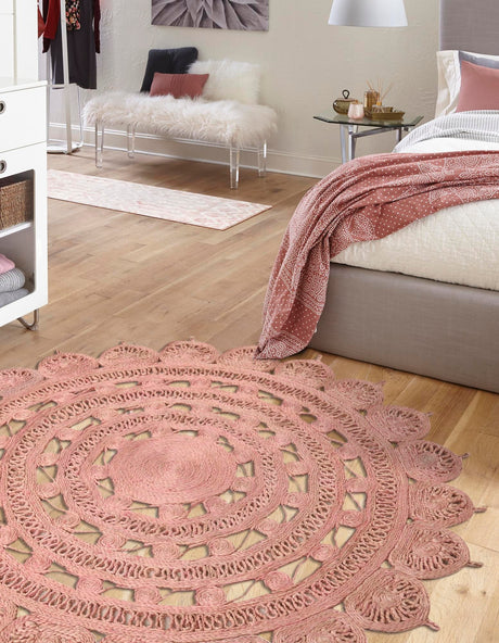 Pink 3' 1 x 3' 1 Braided Jute Round Area Rug 100% Jute Hand Braided Natural Eco-Friendly Boho Style Carpet for Living Rooms Dining Office Space Dorms for Sale at Rug Engine