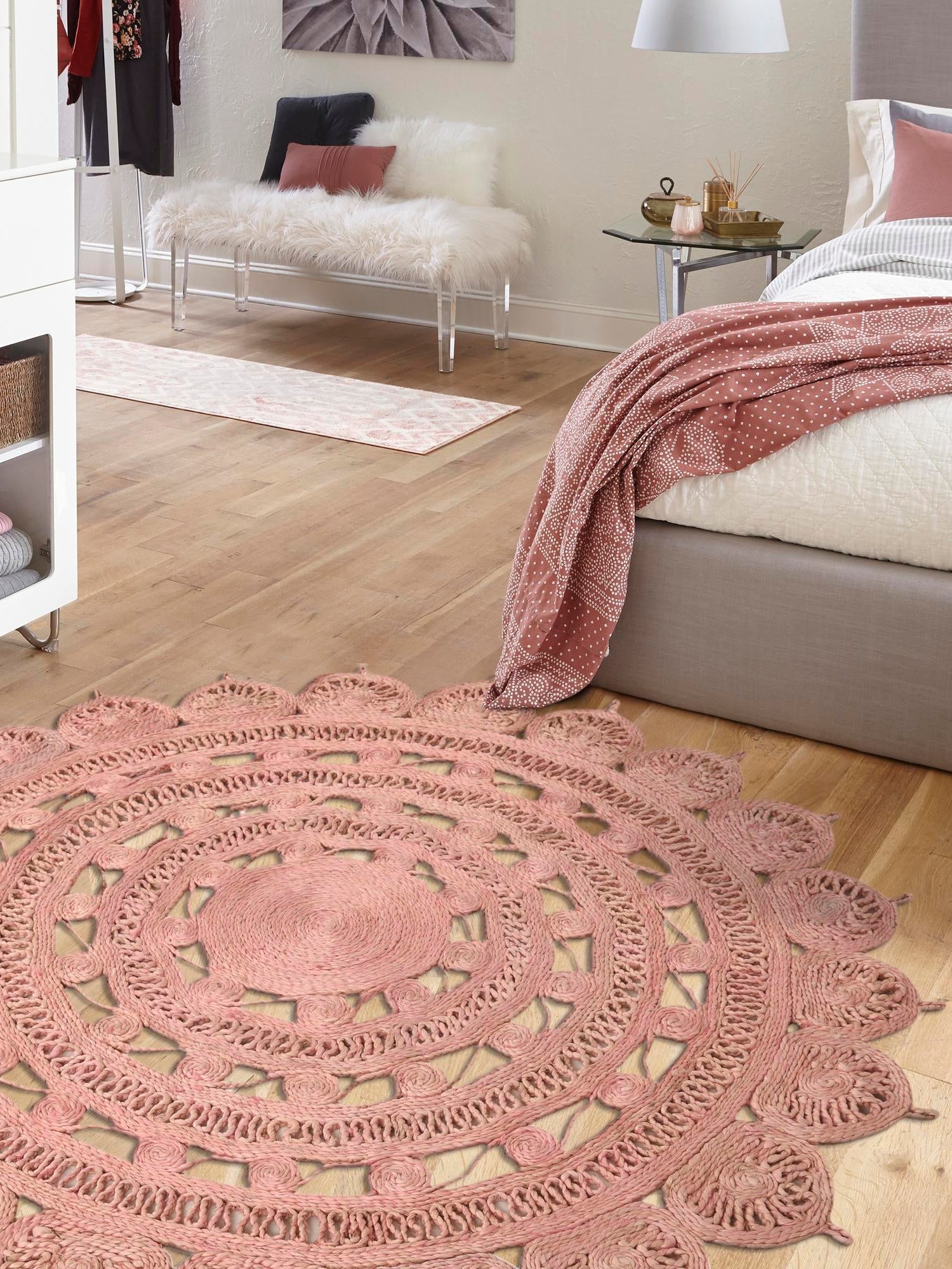 Pink 5' 1 x 5' 1 Braided Jute Round Area Rug 100% Jute Hand Braided Natural Eco-Friendly Boho Style Carpet for Living Rooms Dining Office Space Dorms for Sale at Rug Engine